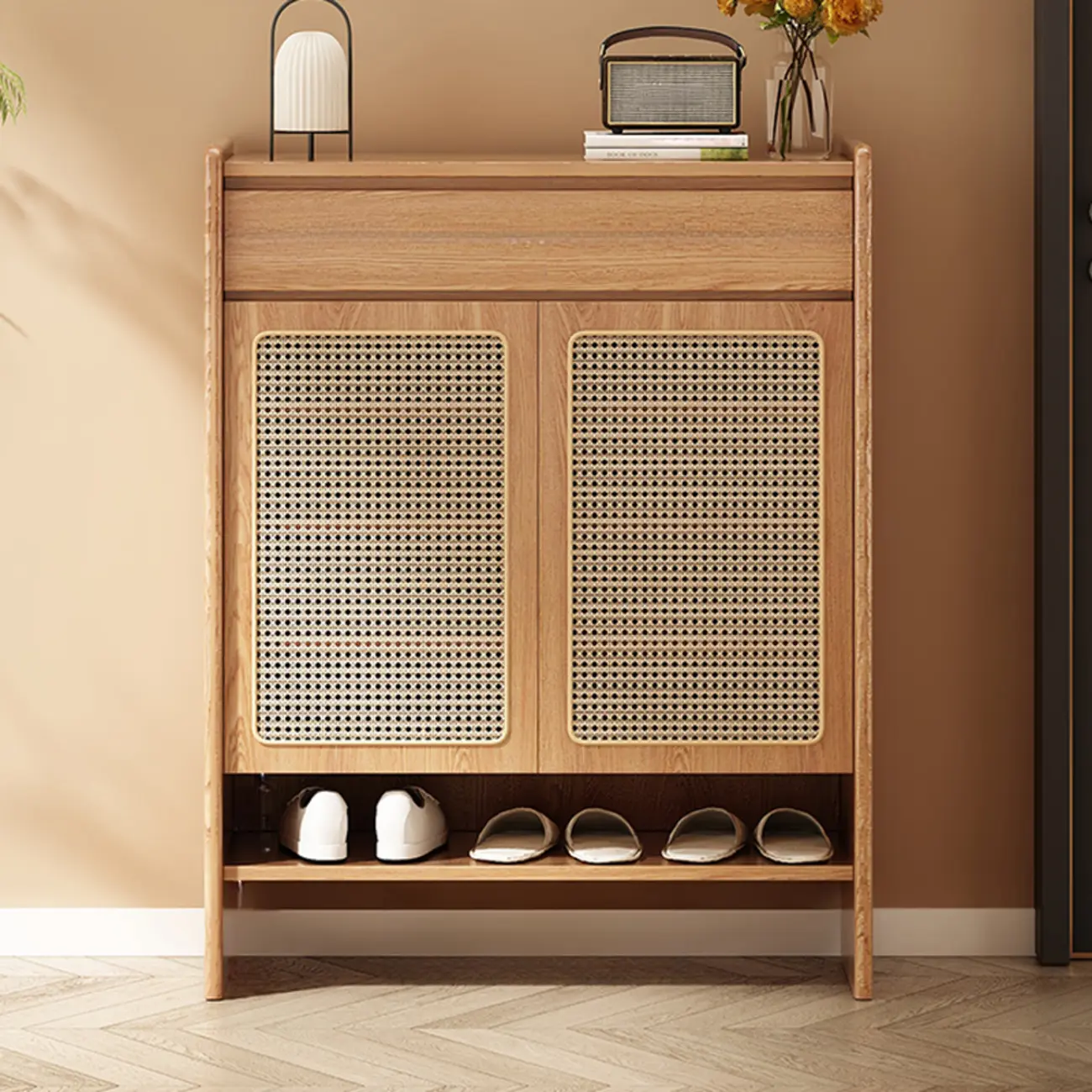 Boho Rattan Oak Shoe Cabinet Natural Storage Image - 4 | homeyfad