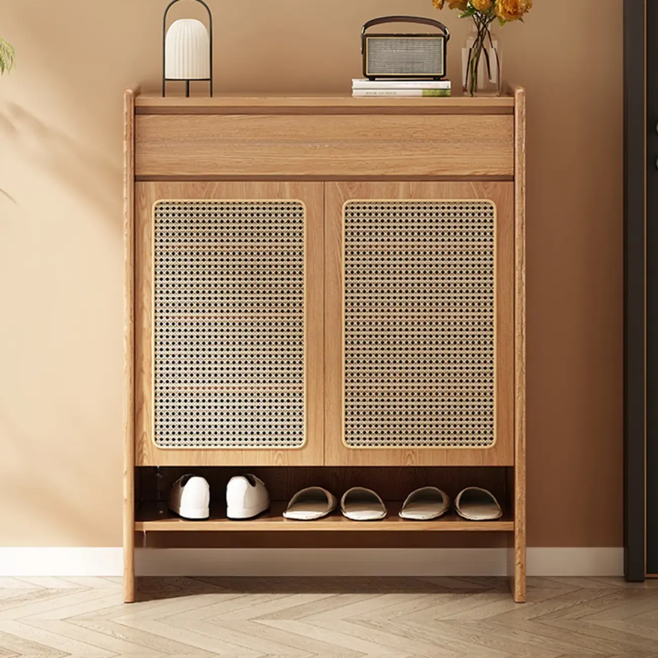 Boho Rattan Oak Shoe Cabinet Natural Storage Image - 4