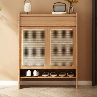 Boho Rattan Oak Shoe Cabinet Natural Storage Image - 4