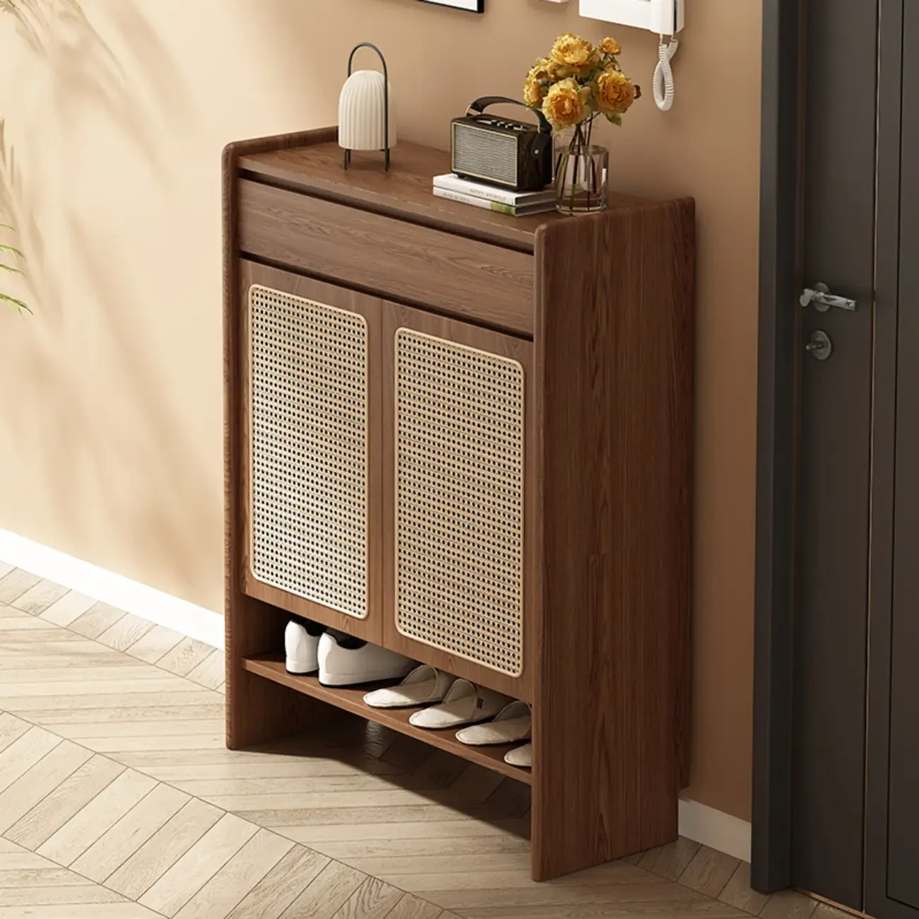 Boho Rattan Oak Shoe Cabinet Natural Storage Image - 5