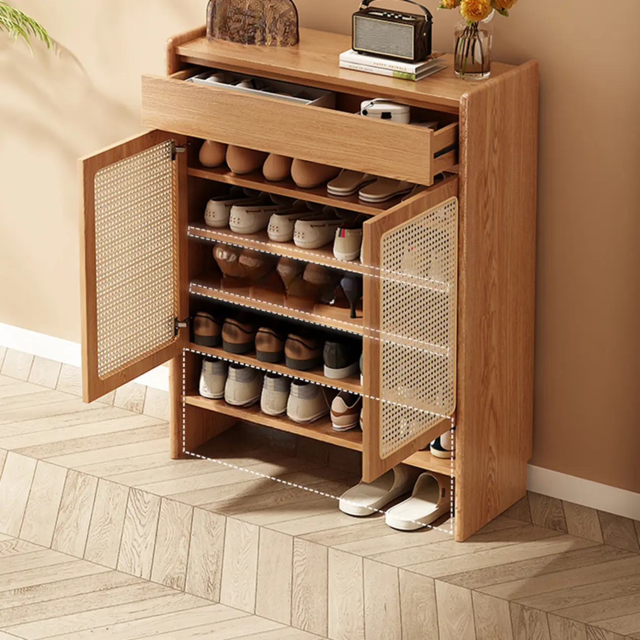 Boho Rattan Oak Shoe Cabinet Natural Storage Image - 6 | homeyfad
