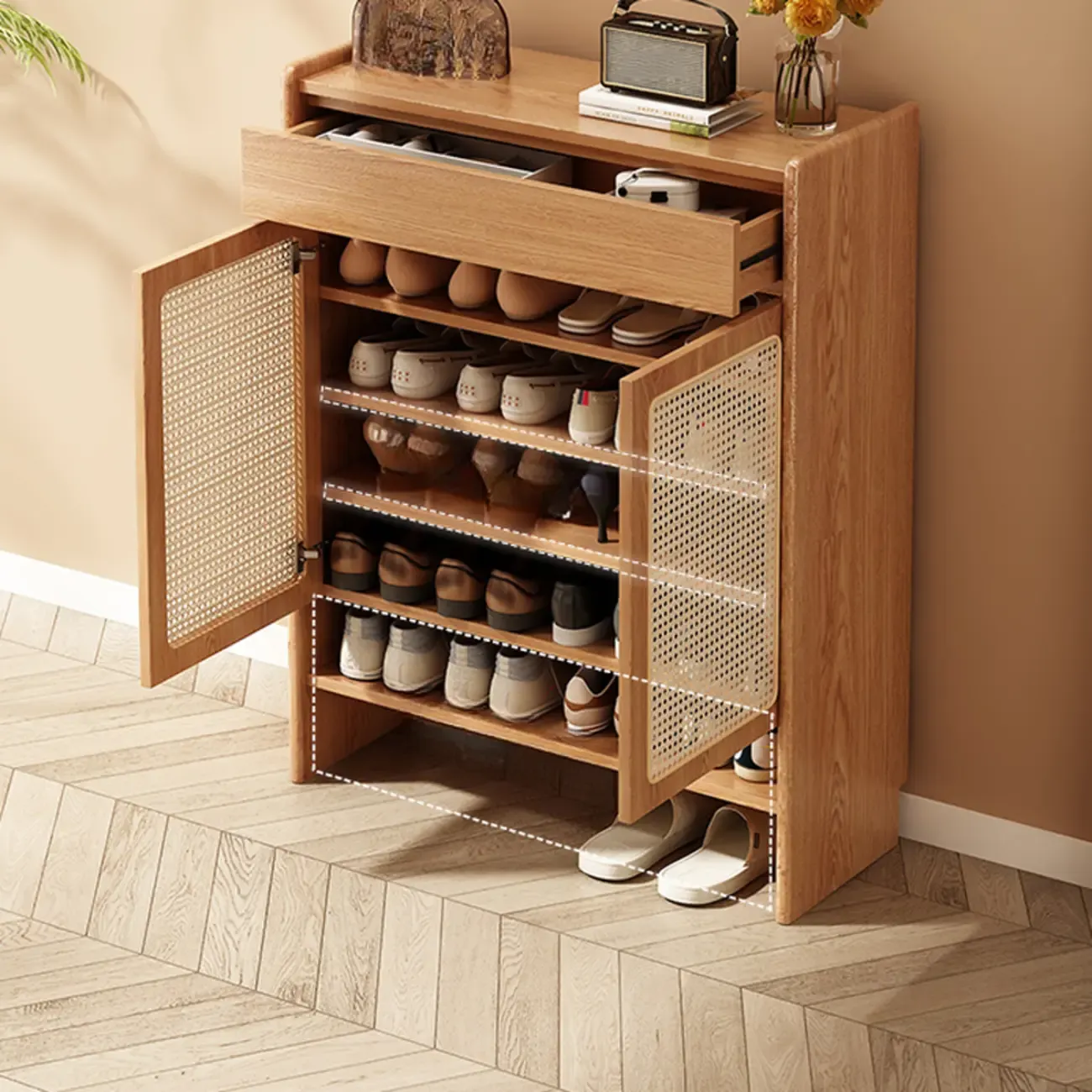 Boho Rattan Oak Shoe Cabinet Natural Storage Image - 6