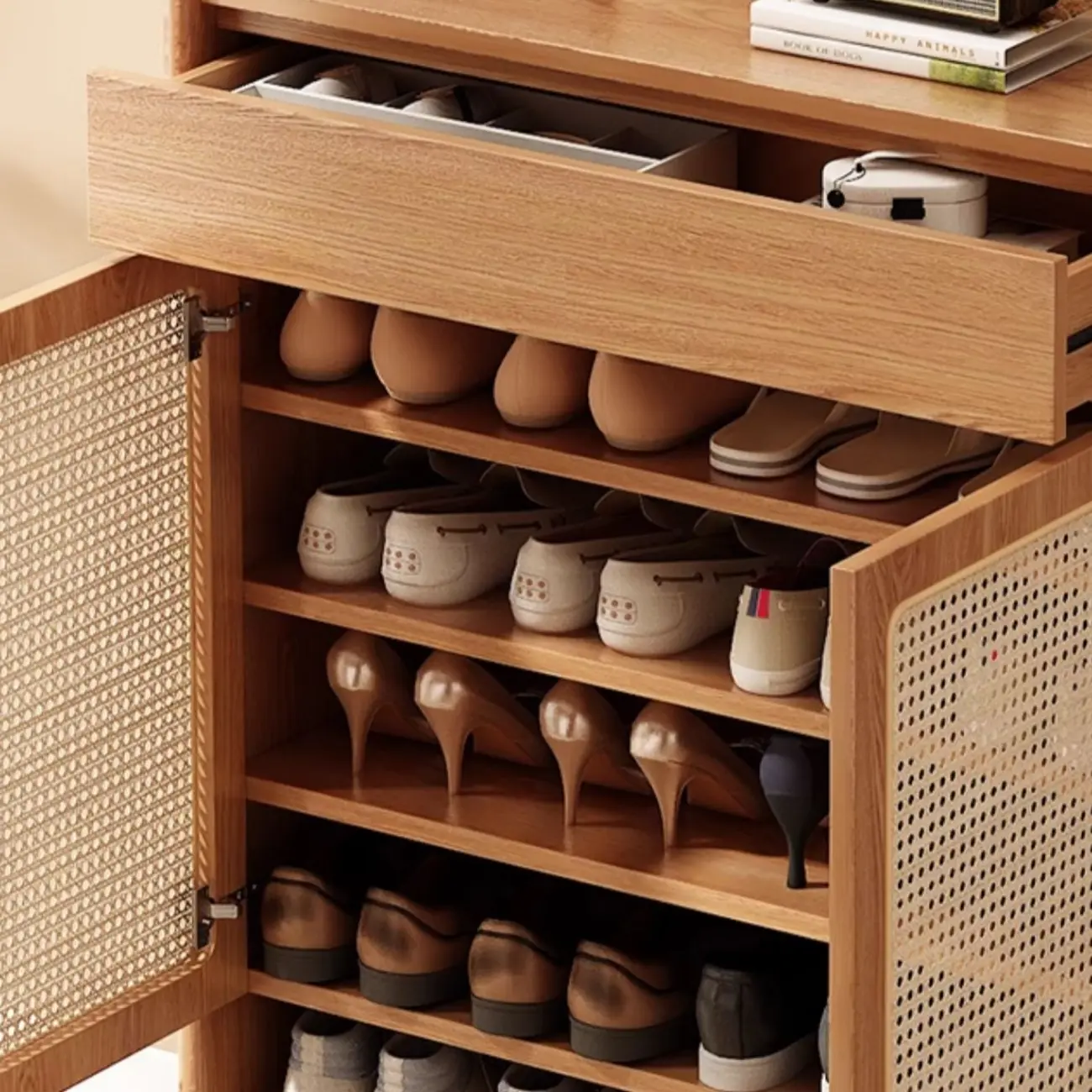 Boho Rattan Oak Shoe Cabinet Natural Storage Image - 10 | homeyfad