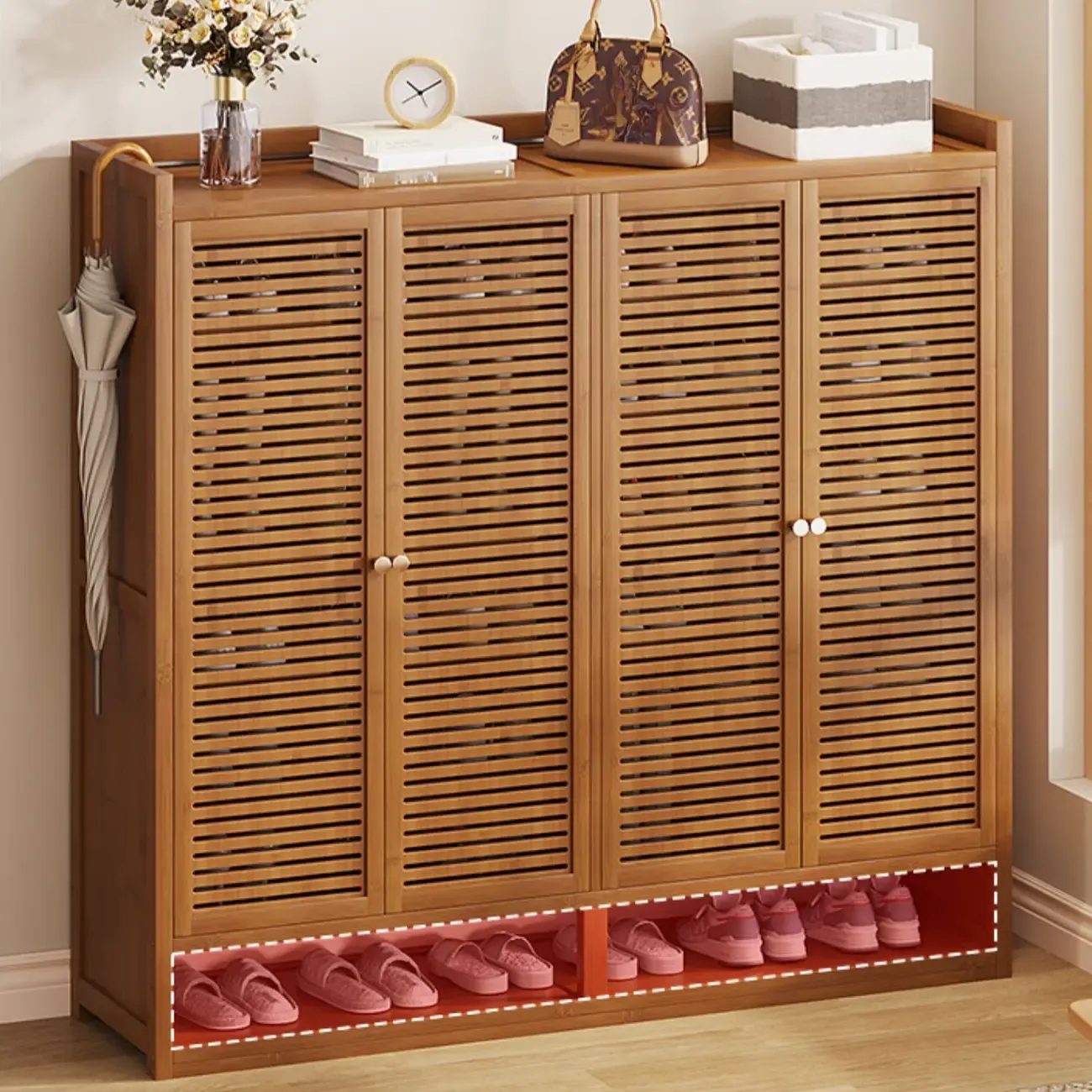 Rustic Bamboo Brown Shoe Cabinet for Entryway Image - 1