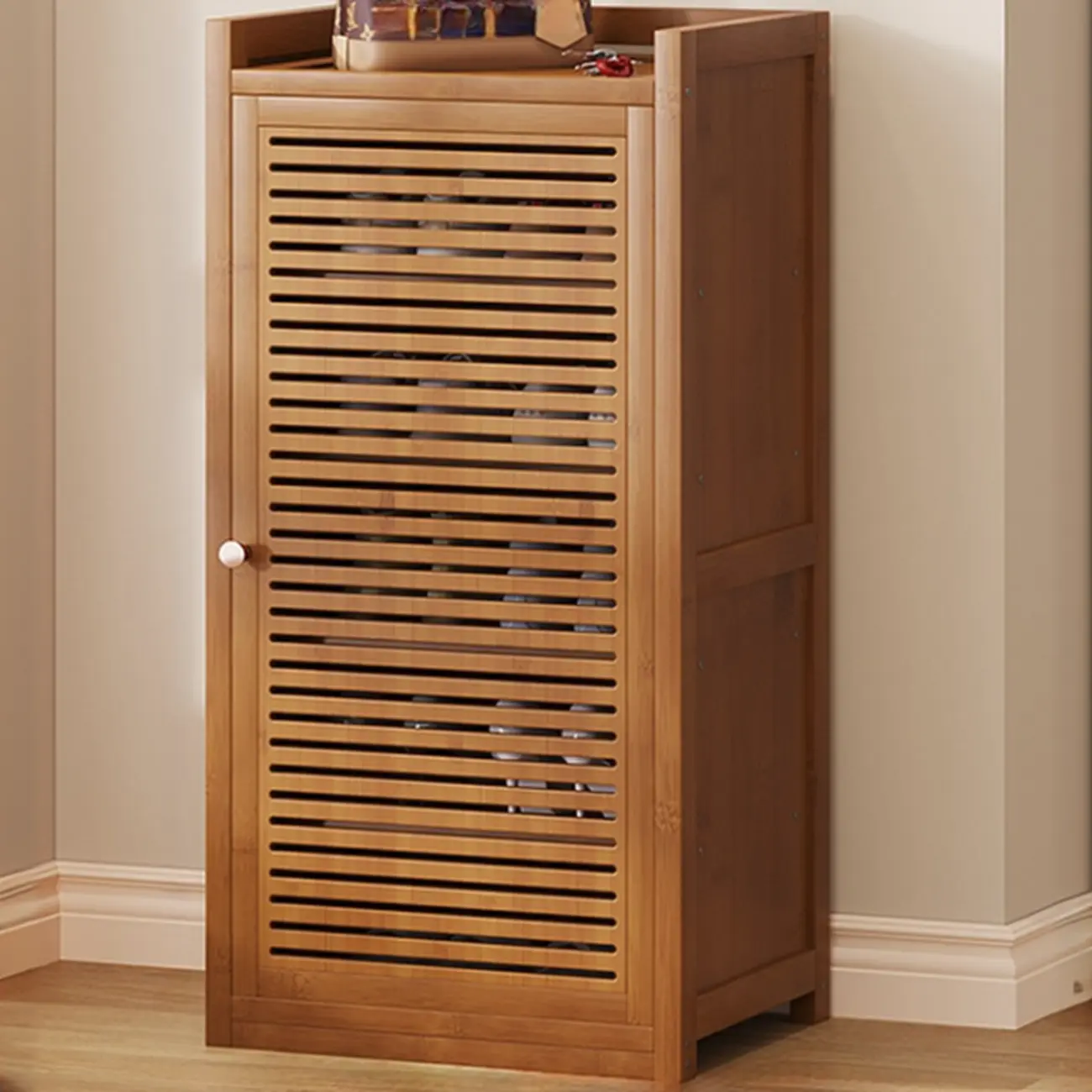 Rustic Bamboo Brown Shoe Cabinet for Entryway Image - 2 | homeyfad