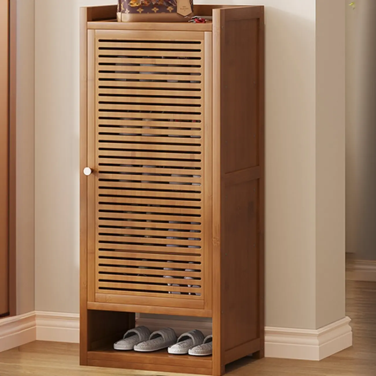 Rustic Bamboo Brown Shoe Cabinet for Entryway Image - 4 | homeyfad