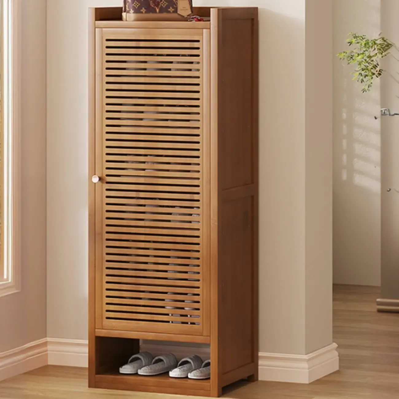 Rustic Bamboo Brown Shoe Cabinet for Entryway Image - 5