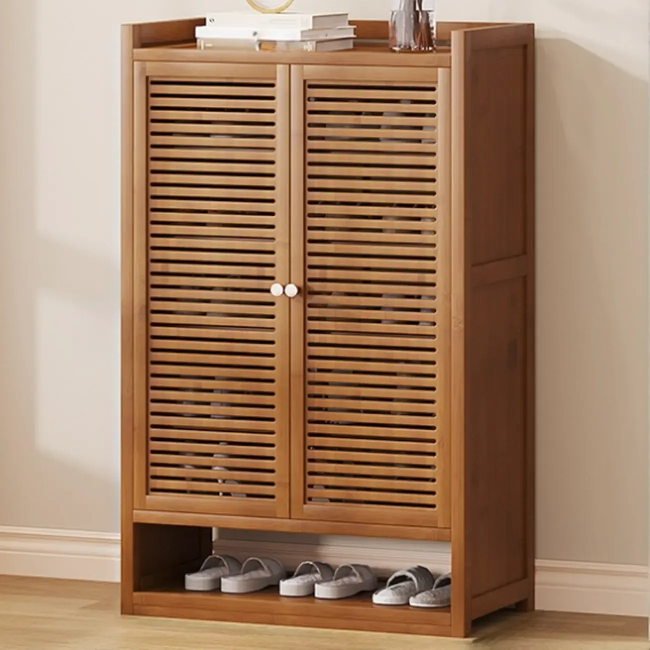 Rustic Bamboo Brown Shoe Cabinet for Entryway Image - 7