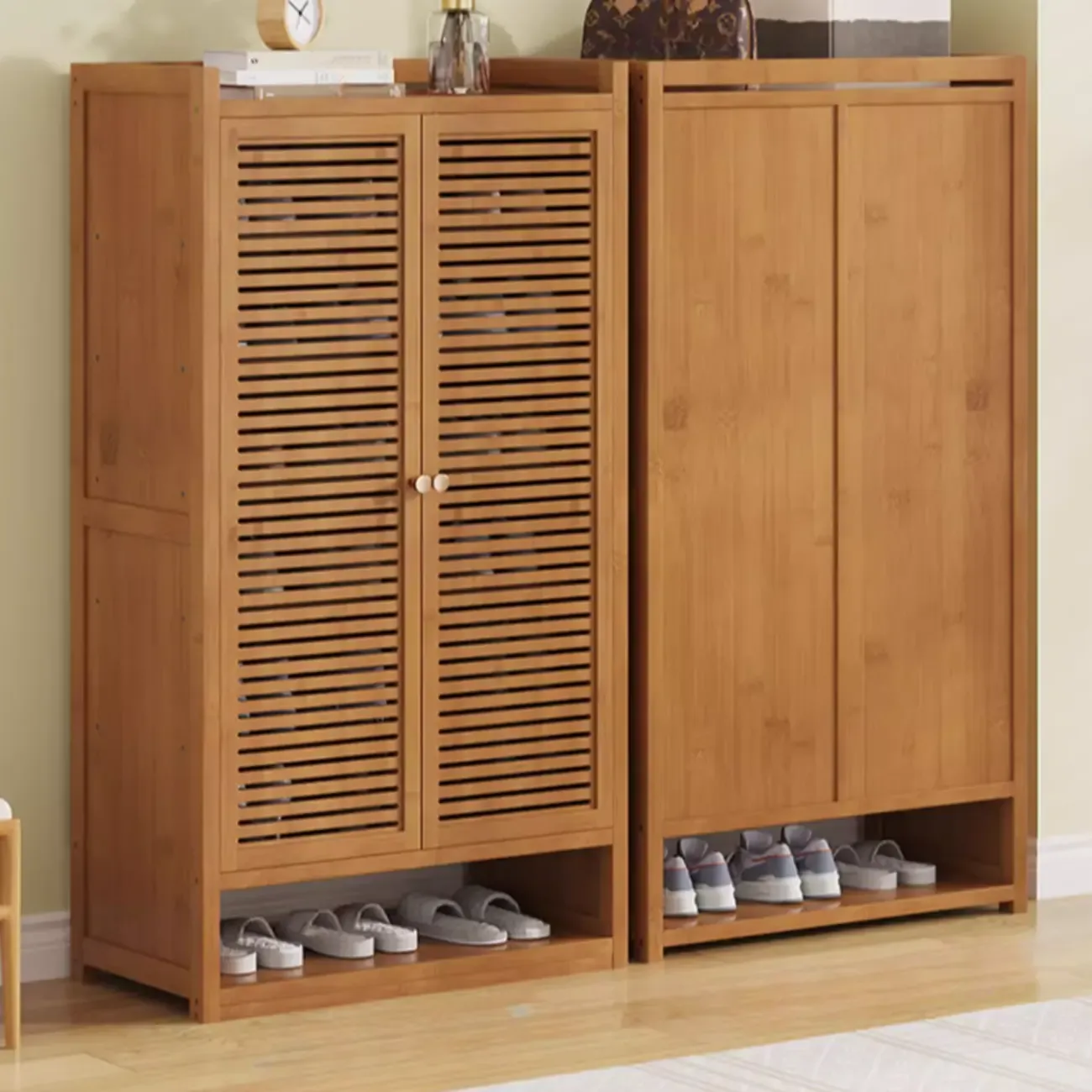 Rustic Bamboo Brown Shoe Cabinet for Entryway Image - 8