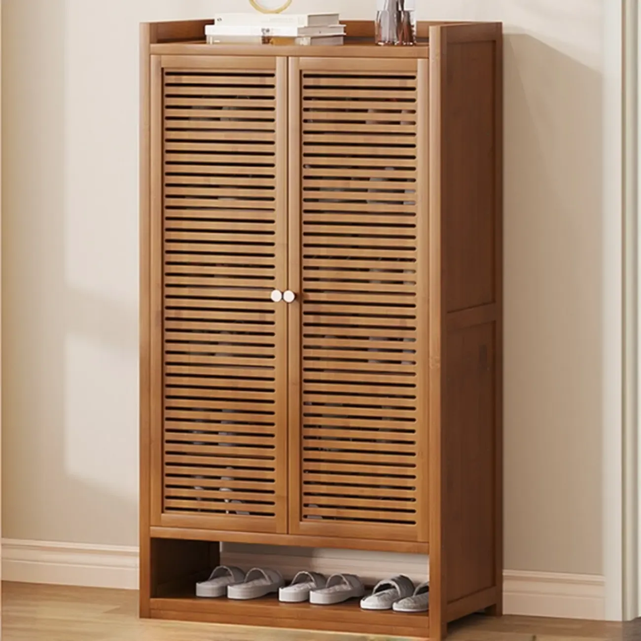 Rustic Bamboo Brown Shoe Cabinet for Entryway Image - 9