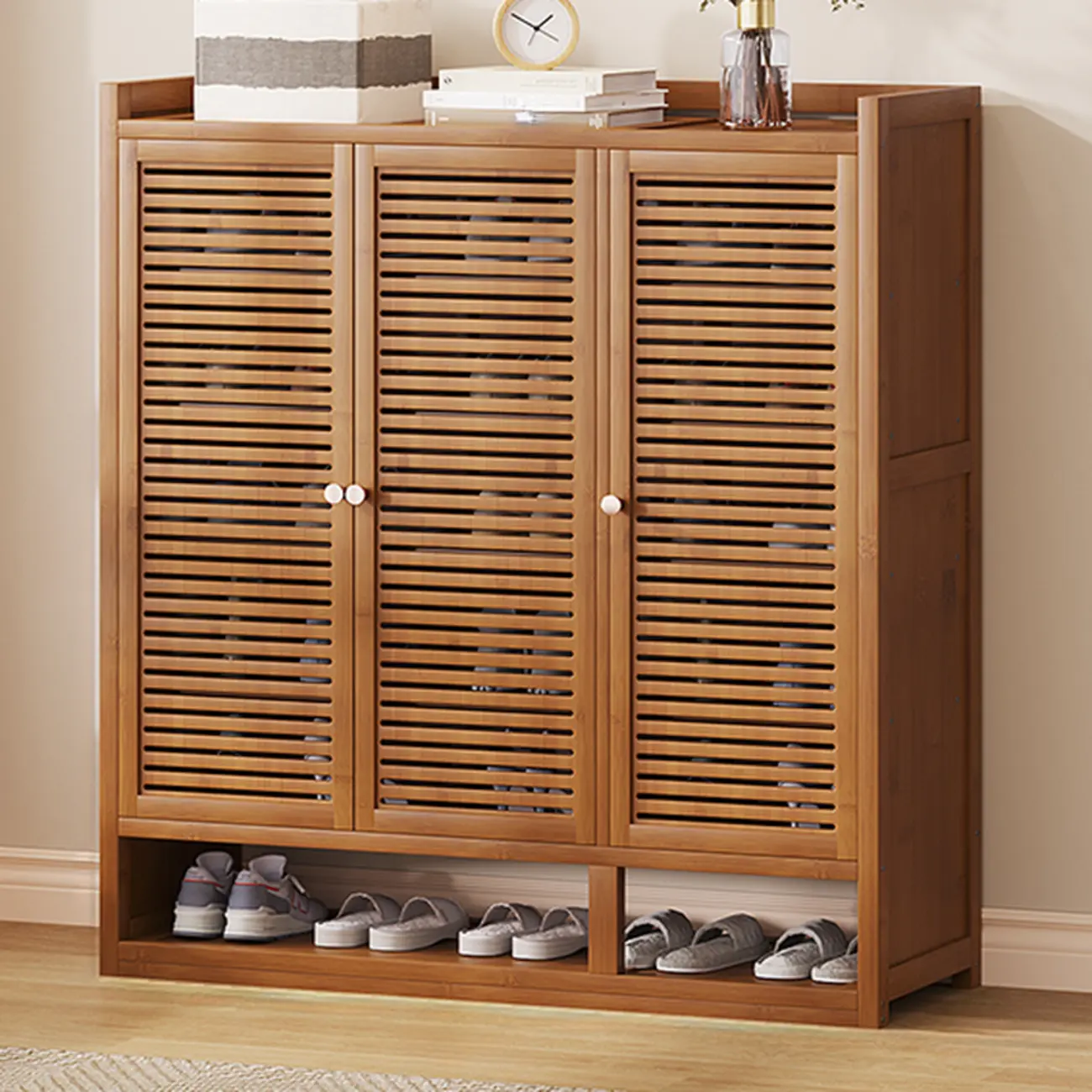 Rustic Bamboo Brown Shoe Cabinet for Entryway Image - 11 | homeyfad