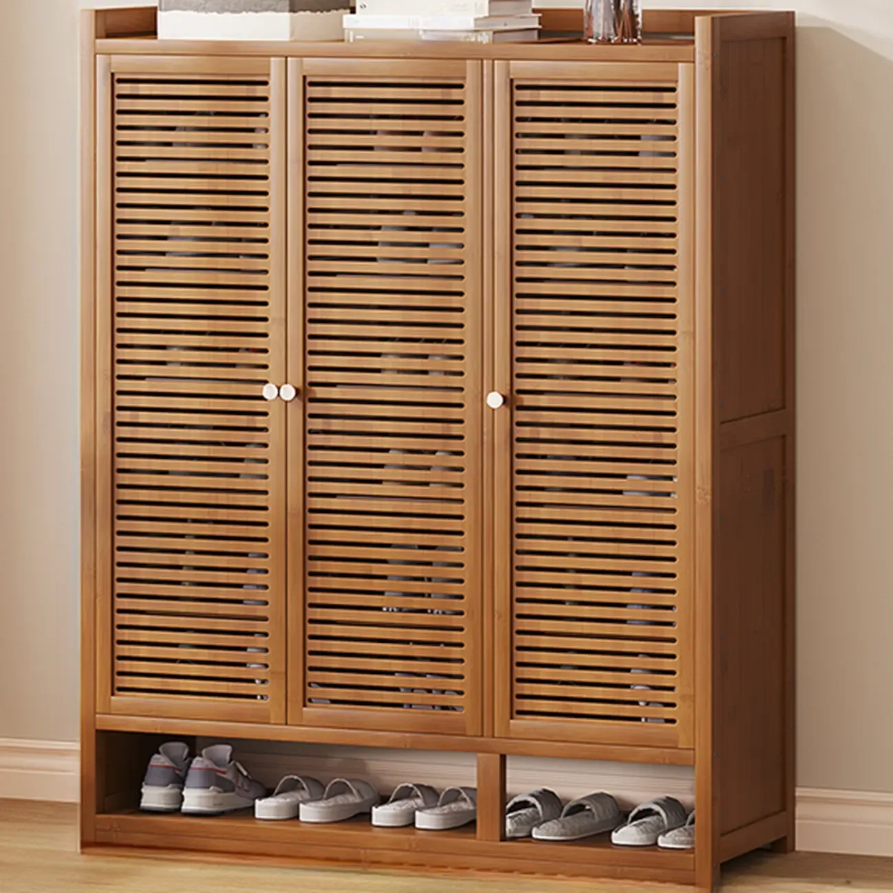 Rustic Bamboo Brown Shoe Cabinet for Entryway Image - 14