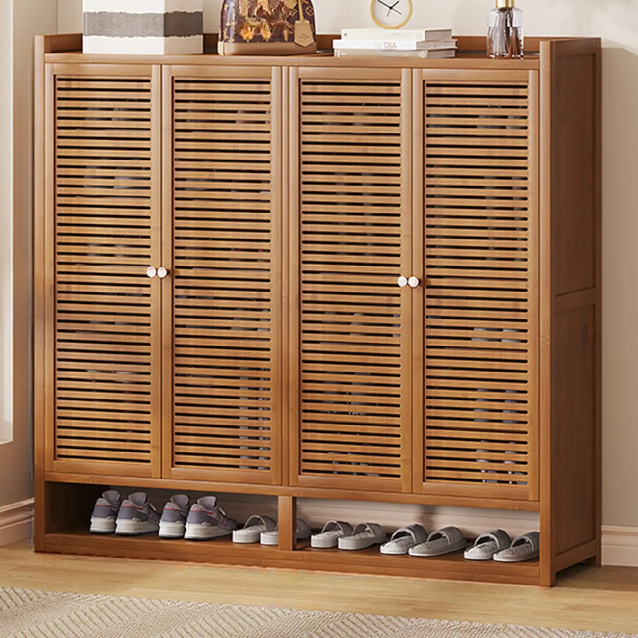 Rustic Bamboo Brown Shoe Cabinet for Entryway Image - 15 | homeyfad