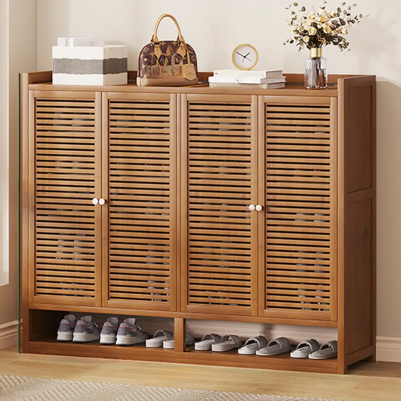 Rustic Bamboo Brown Shoe Cabinet for Entryway Image - 16