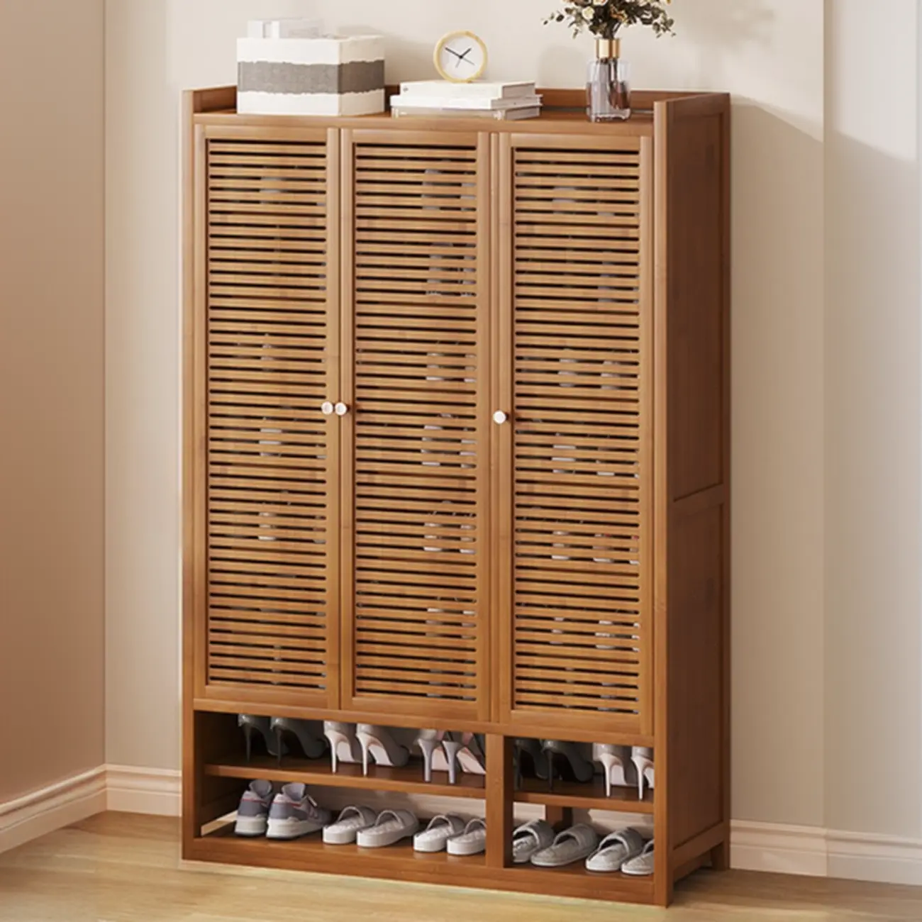 Rustic Bamboo Brown Shoe Cabinet for Entryway Image - 17 | homeyfad