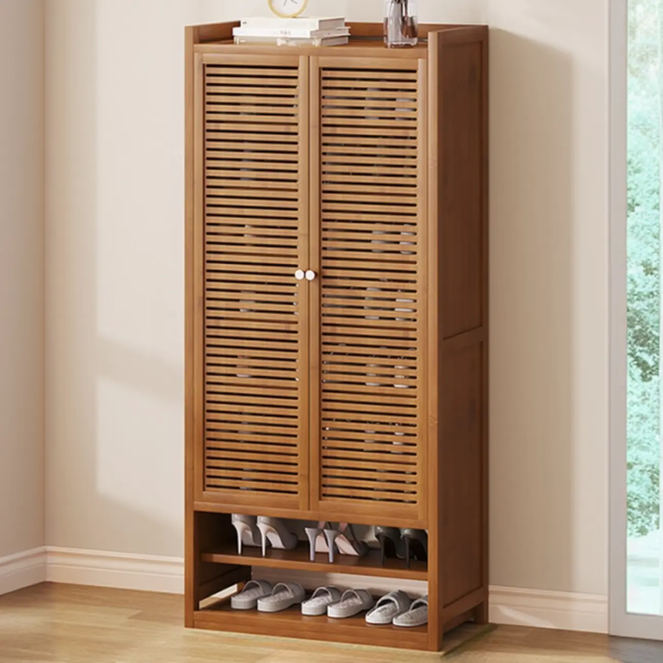 Rustic Bamboo Brown Shoe Cabinet for Entryway Image - 18 | homeyfad