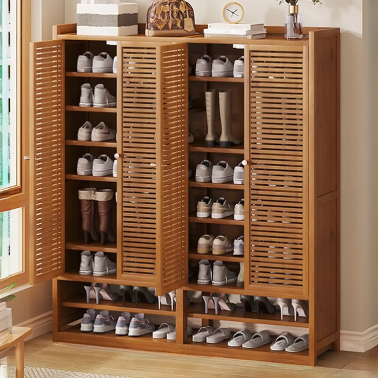 Rustic Bamboo Brown Shoe Cabinet for Entryway Image - 19 | homeyfad