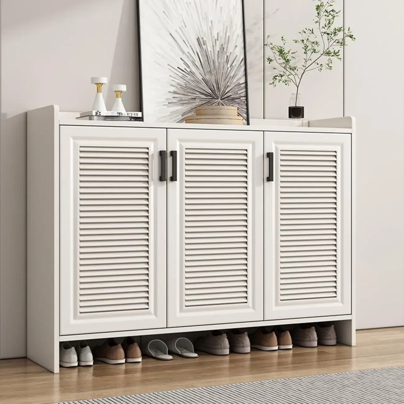 White Metal Rustic Entryway Shoe Storage Cabinet Image - 1