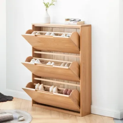 Entryway Oak Drop Front Shoe Cabinet with Display Top Image - 1