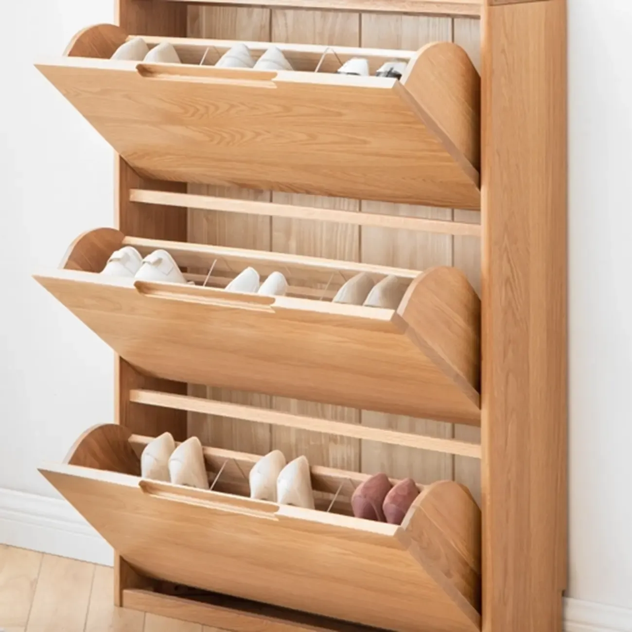 Entryway Oak Drop Front Shoe Cabinet with Display Top Image - 2