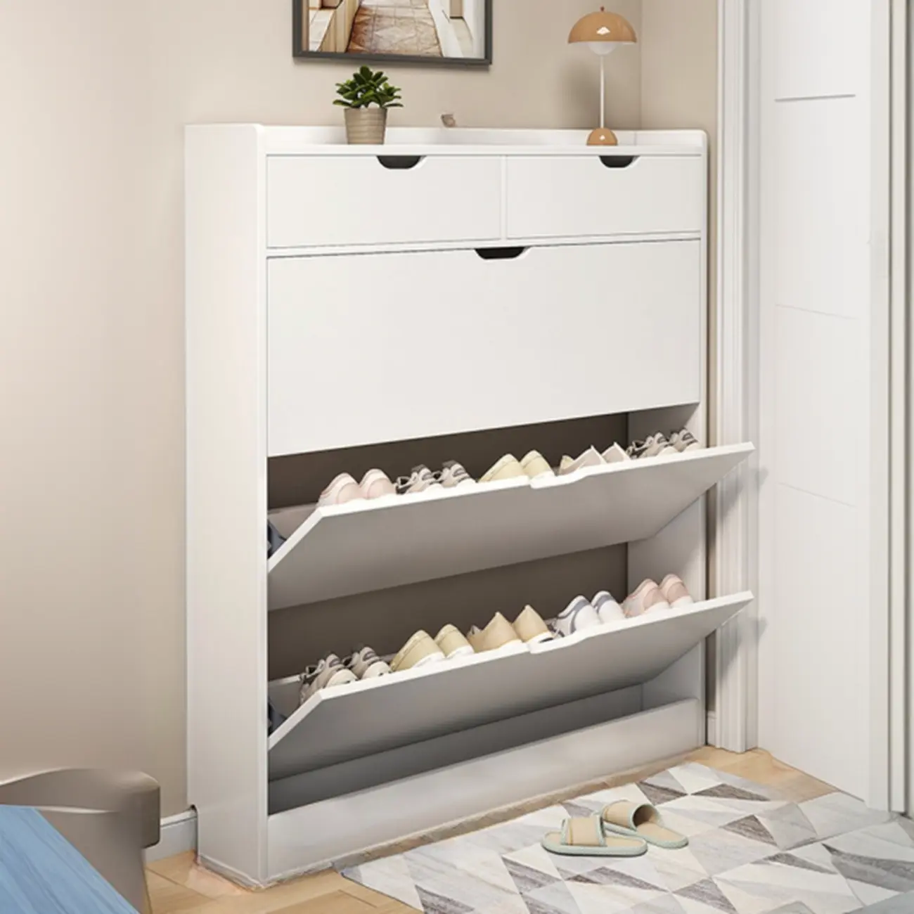 Entryway Modern Wood Shoe Cabinet with Flip-Out Drawer Image - 3 | homeyfad