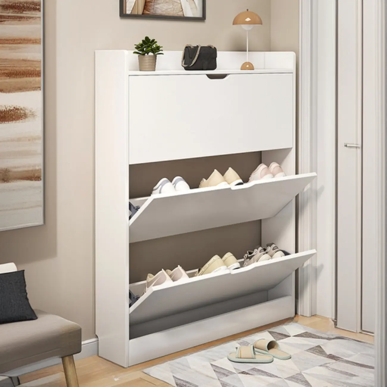 Entryway Modern Wood Shoe Cabinet with Flip-Out Drawer Image - 5 | homeyfad