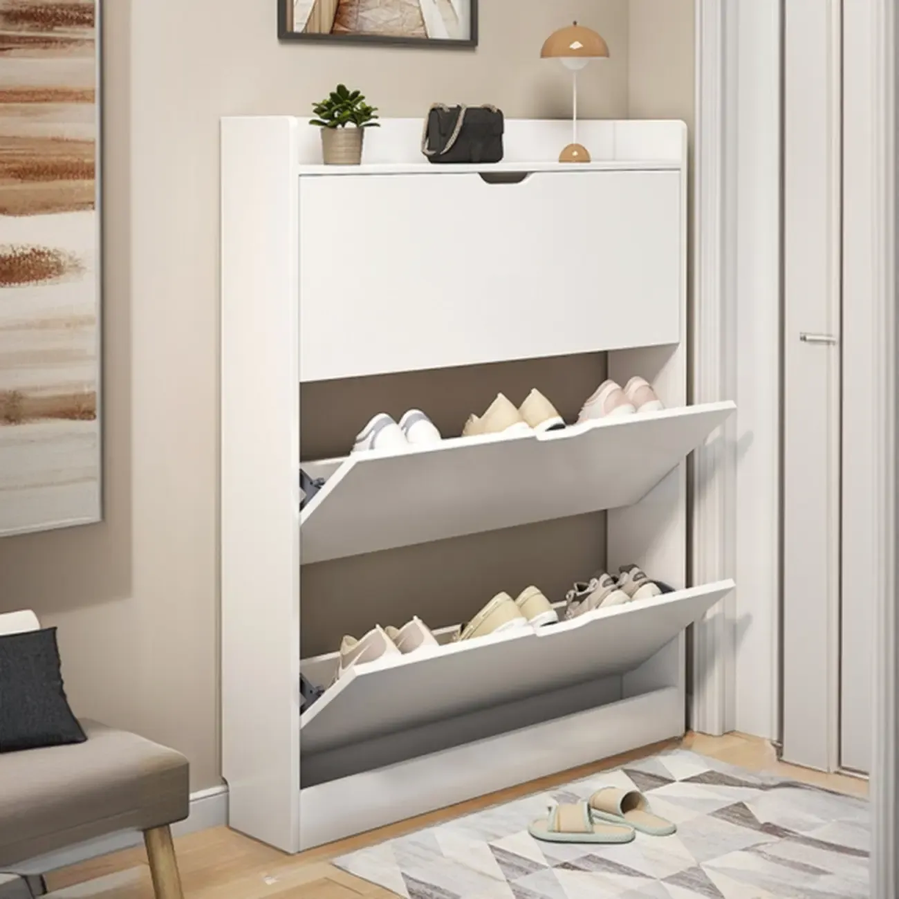 Entryway Modern Wood Shoe Cabinet with Flip-Out Drawer Image - 5