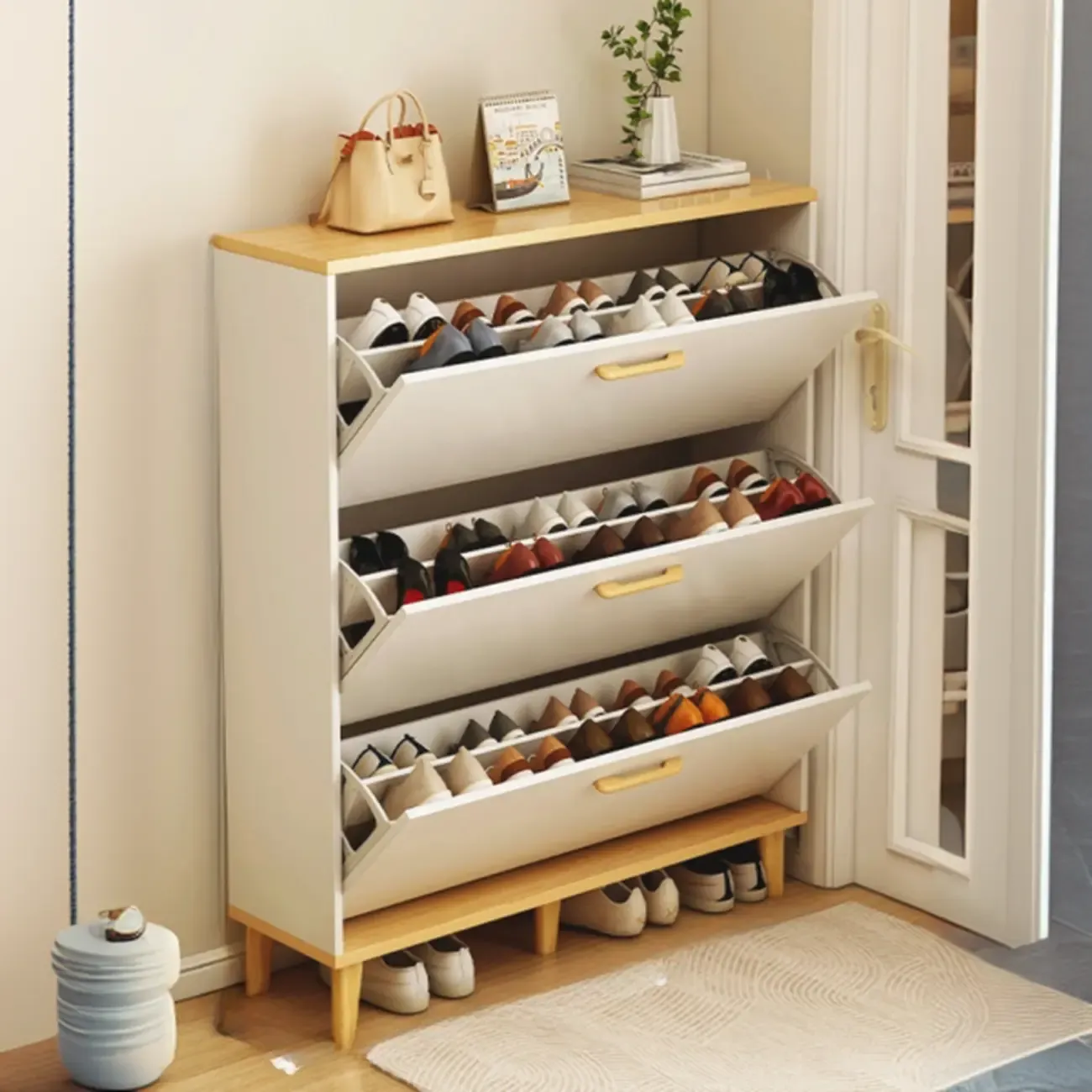Entryway Modern Wood Shoe Cabinet with Flip-Out Drawer Image - 11