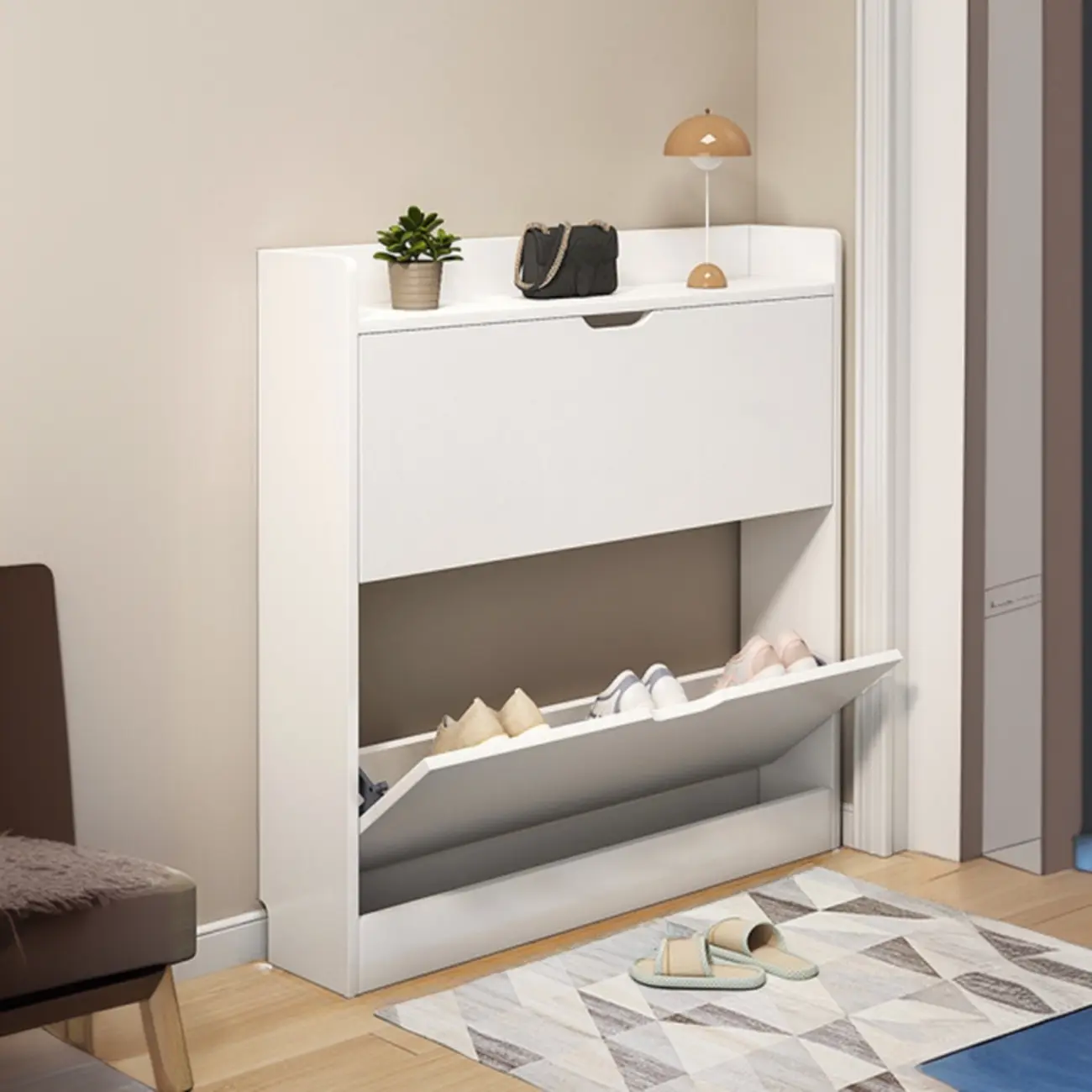 Entryway Modern Wood Shoe Cabinet with Flip-Out Drawer Image - 12 | homeyfad