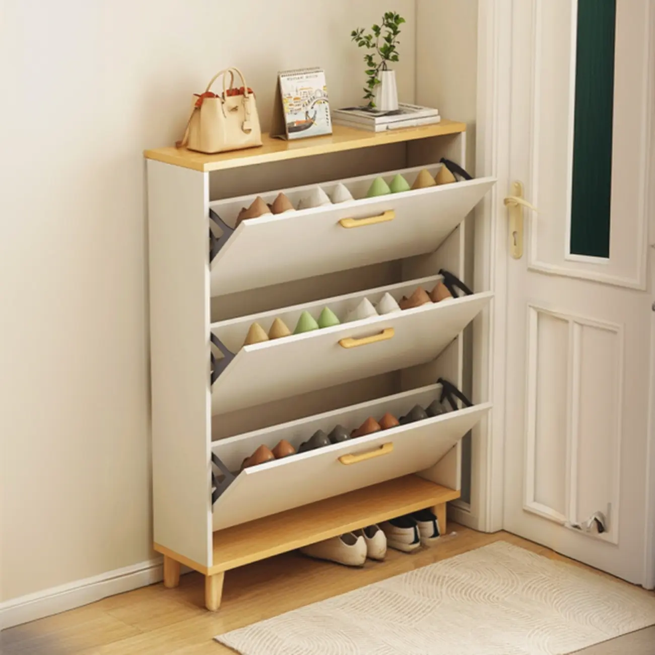 Entryway Modern Wood Shoe Cabinet with Flip-Out Drawer Image - 13 | homeyfad