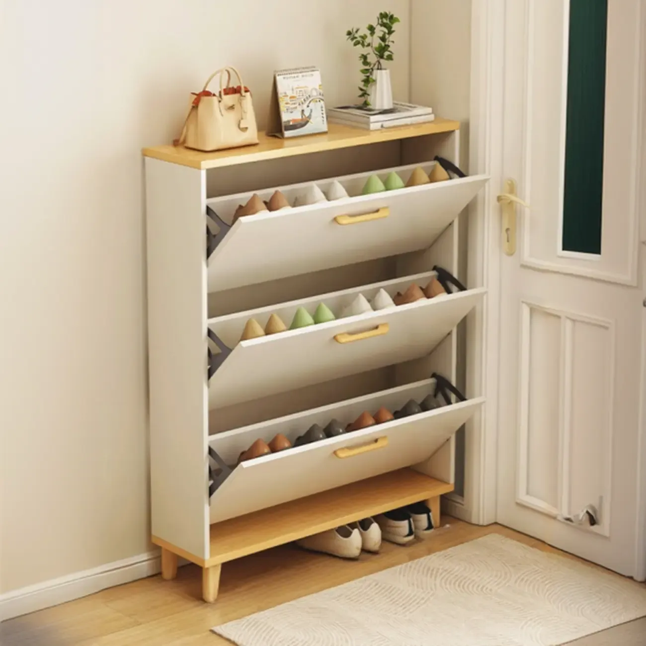 Entryway Modern Wood Shoe Cabinet with Flip-Out Drawer Image - 13