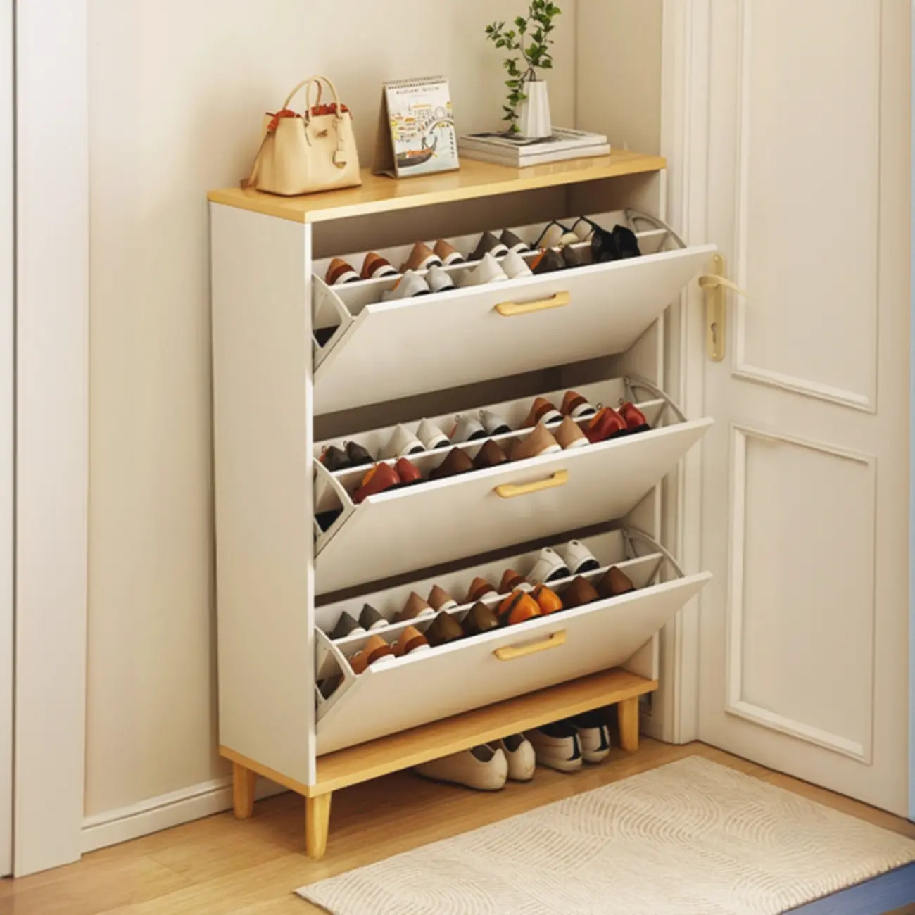 Entryway Modern Wood Shoe Cabinet with Flip-Out Drawer Image - 14 | homeyfad