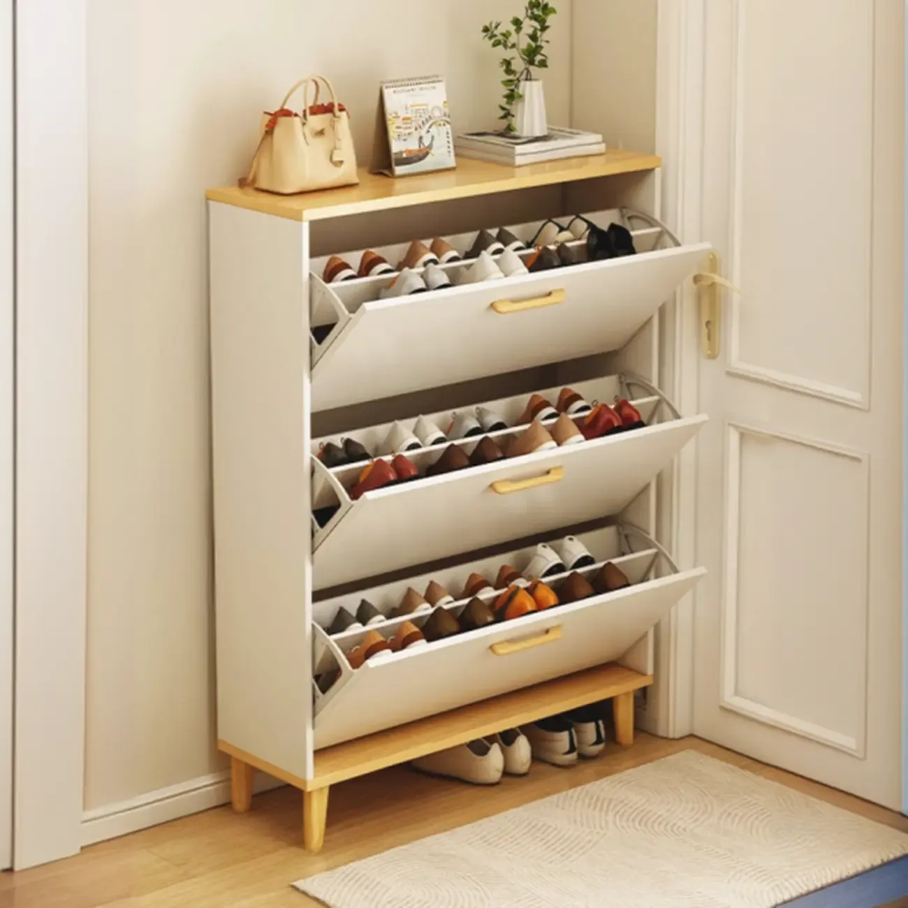 Entryway Modern Wood Shoe Cabinet with Flip-Out Drawer Image - 14