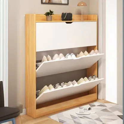 Entryway Modern Wood Shoe Cabinet with Flip-Out Drawer Image - 16
