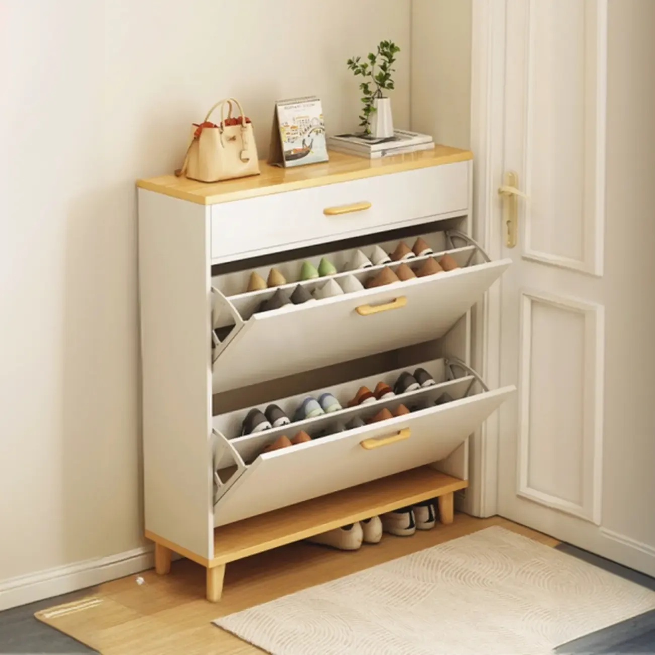 Entryway Modern Wood Shoe Cabinet with Flip-Out Drawer Image - 17