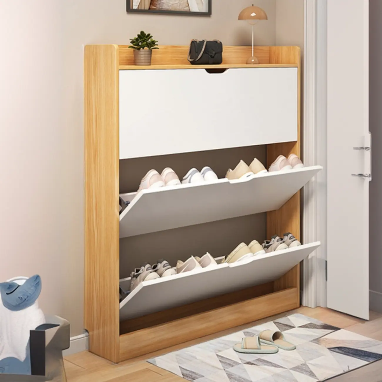 Entryway Modern Wood Shoe Cabinet with Flip-Out Drawer Image - 19 | homeyfad