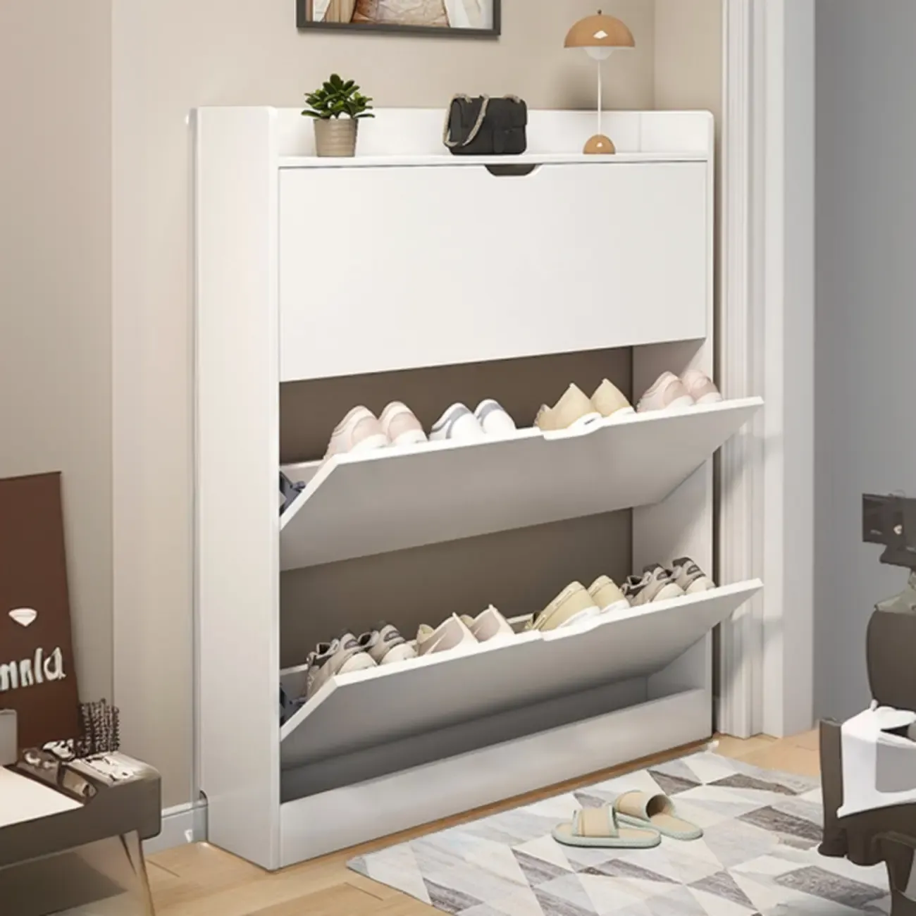 Entryway Modern Wood Shoe Cabinet with Flip-Out Drawer Image - 21