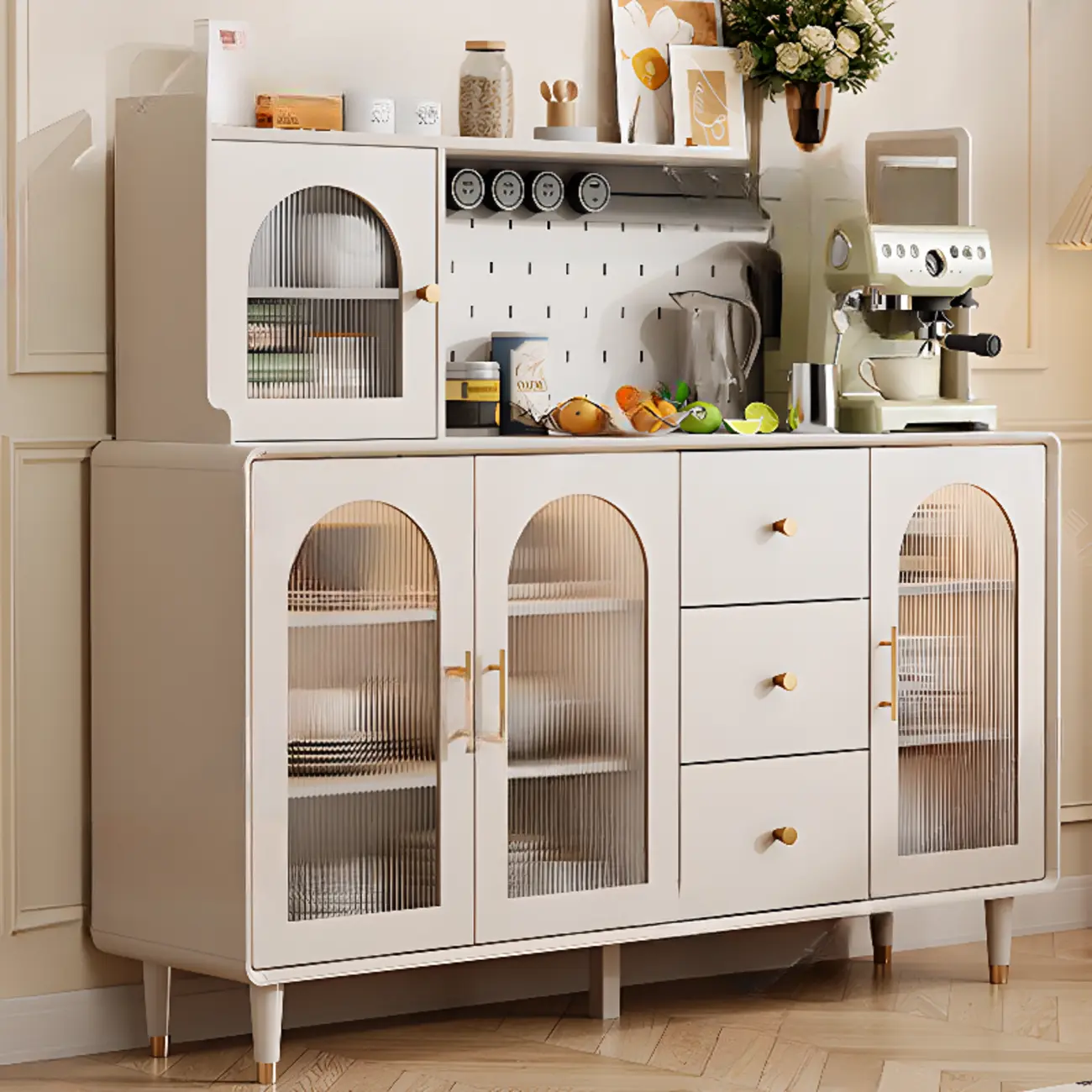 White 3-Drawer Glass Countertop Wood Sideboard Image - 1 | homeyfad