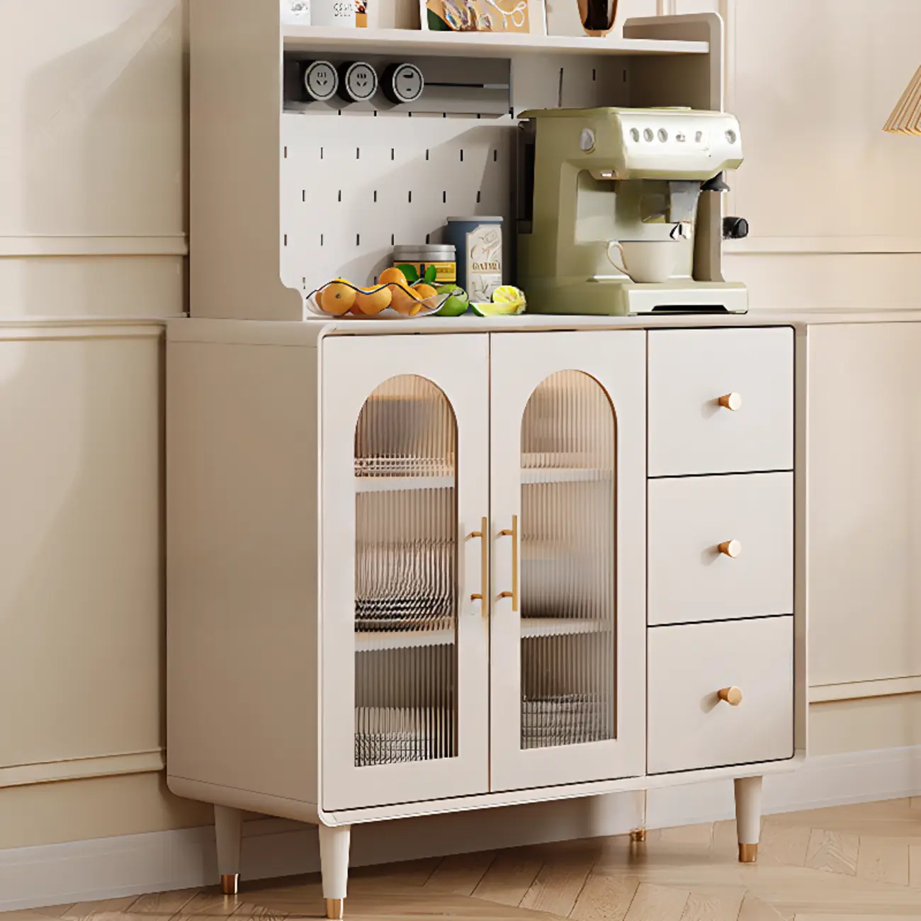 White 3-Drawer Glass Countertop Wood Sideboard Image - 3 | homeyfad