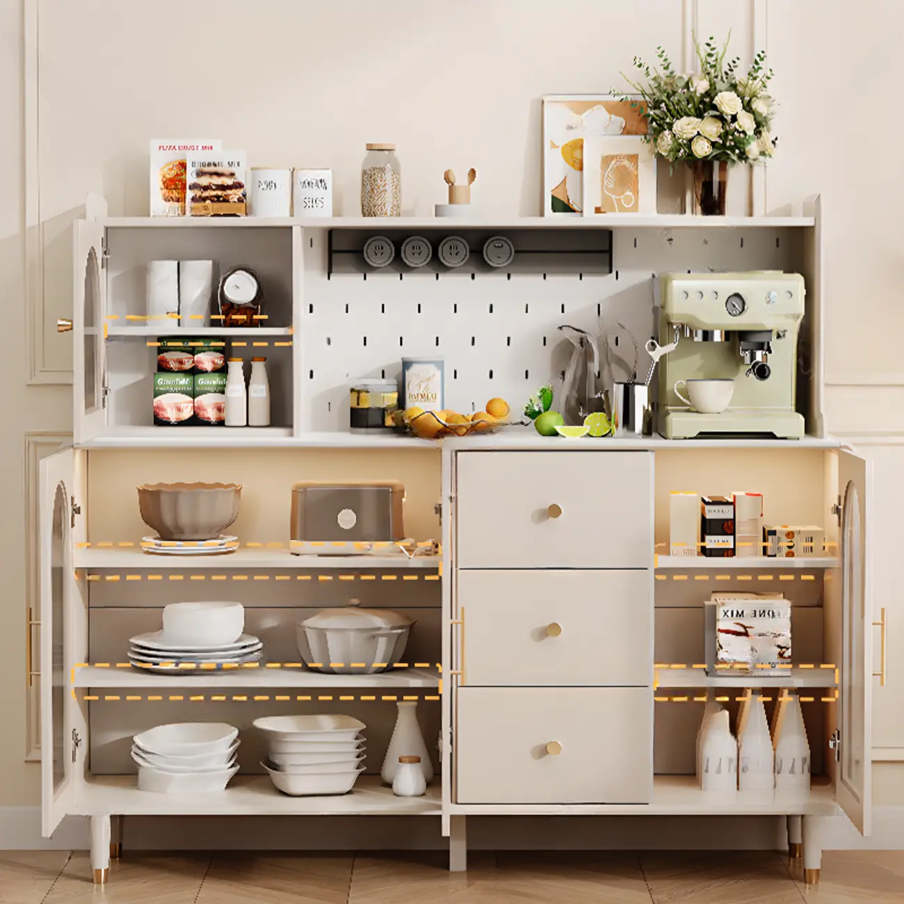 White 3-Drawer Glass Countertop Wood Sideboard Image - 6 | homeyfad