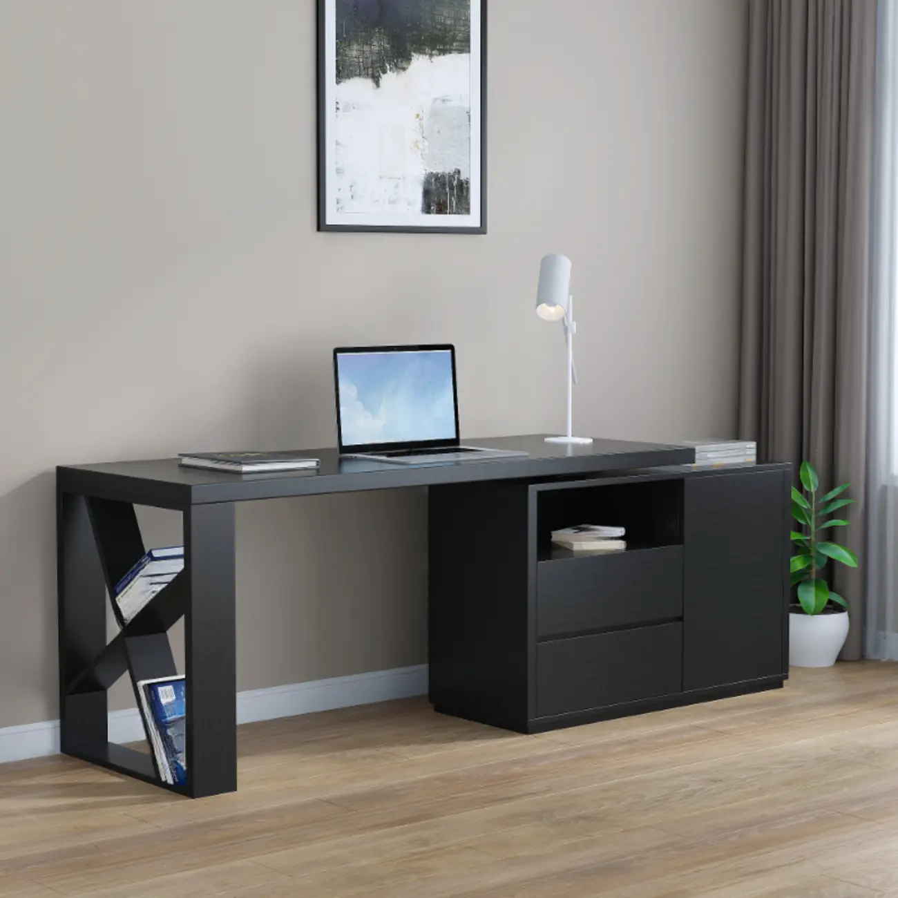 63"L Midnight Black Wooden Office Desk with Swivel Storage Base Image - 1 | homeyfad