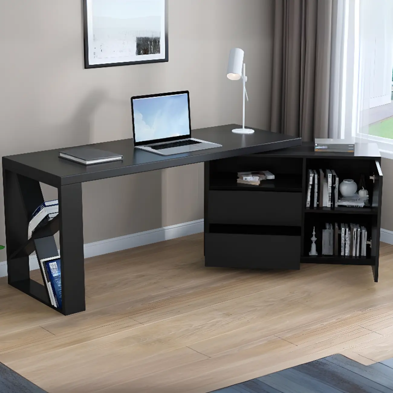63"L Midnight Black Wooden Office Desk with Swivel Storage Base Image - 2 | homeyfad