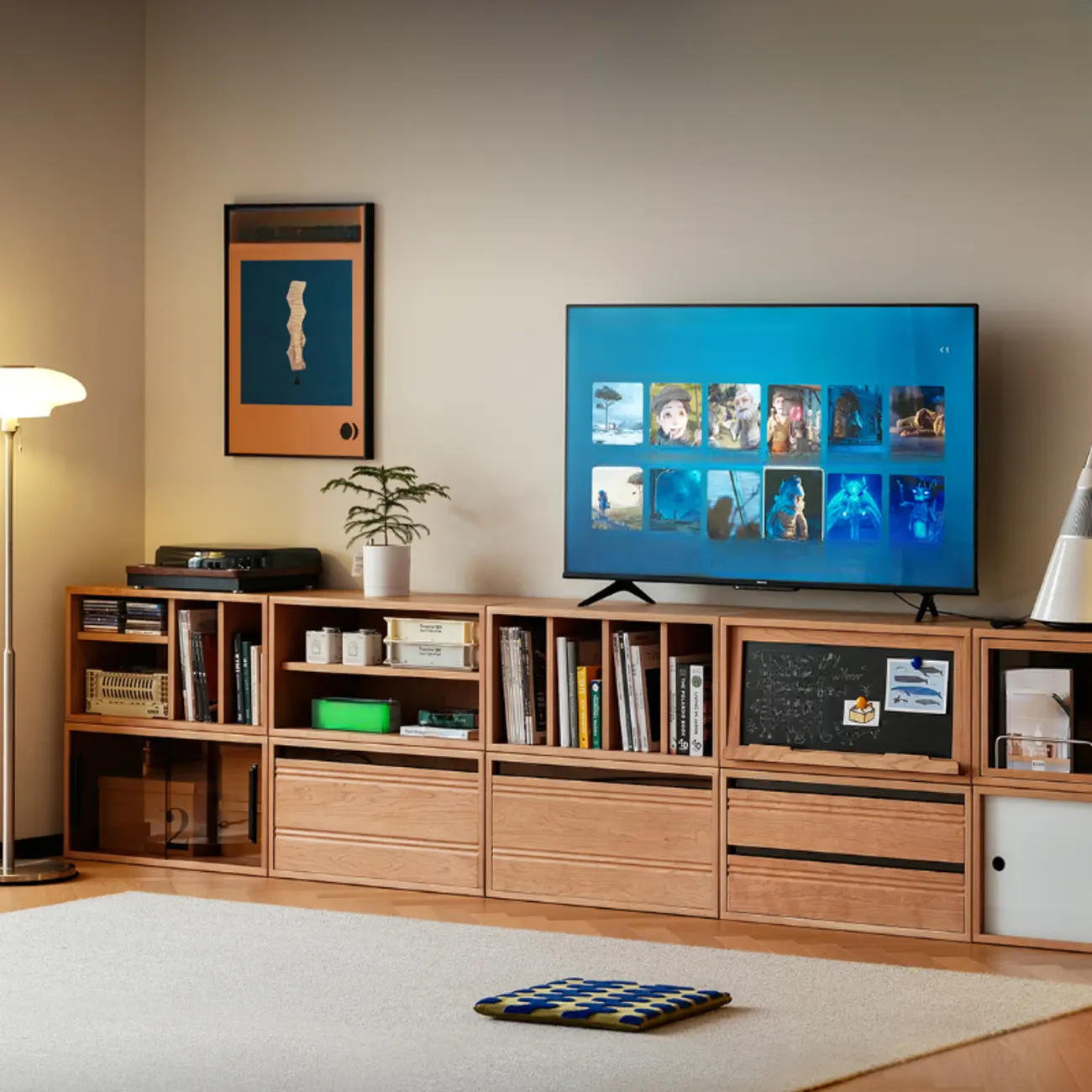 Simple Wood Brown Horizontal Bookcase with Drawers Image - 1 | homeyfad