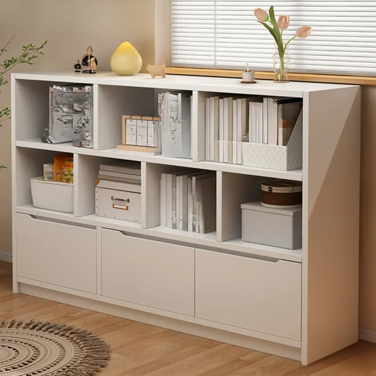 Horizontal White Wood Cube Bookcase with Drawers Image - 1