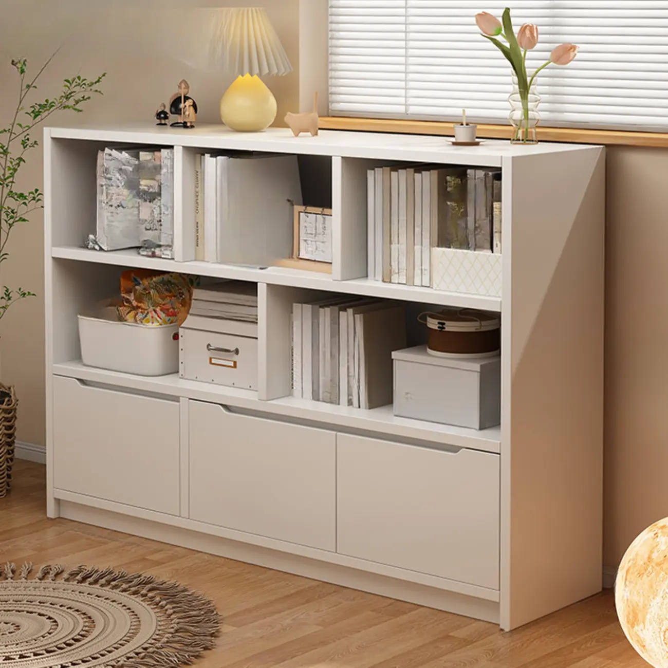 Horizontal White Wood Cube Bookcase with Drawers Image - 2 | homeyfad