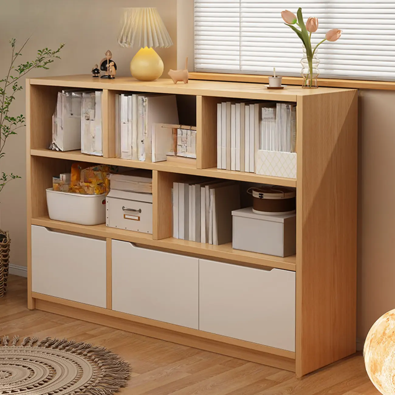 Horizontal White Wood Cube Bookcase with Drawers Image - 3 | homeyfad