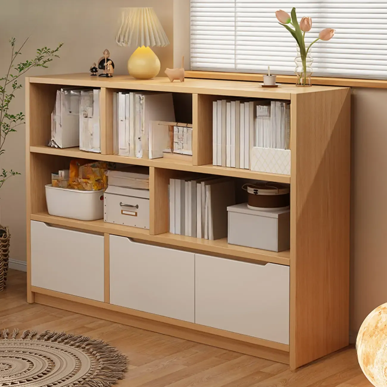 Horizontal White Wood Cube Bookcase with Drawers Image - 3