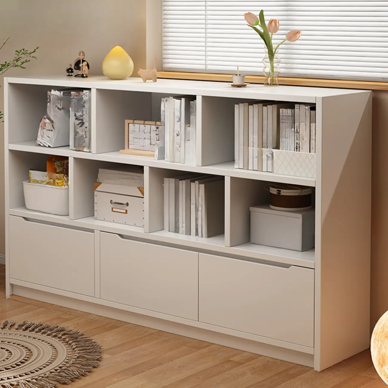 Horizontal White Wood Cube Bookcase with Drawers Image - 4 | homeyfad