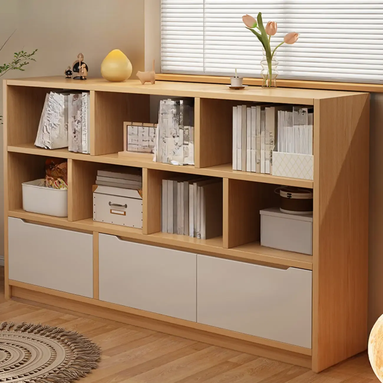 Horizontal White Wood Cube Bookcase with Drawers Image - 7