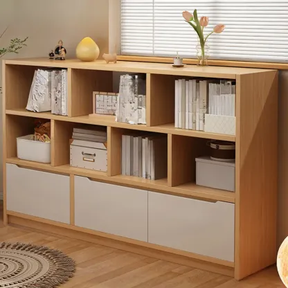 Horizontal White Wood Cube Bookcase with Drawers Image - 7